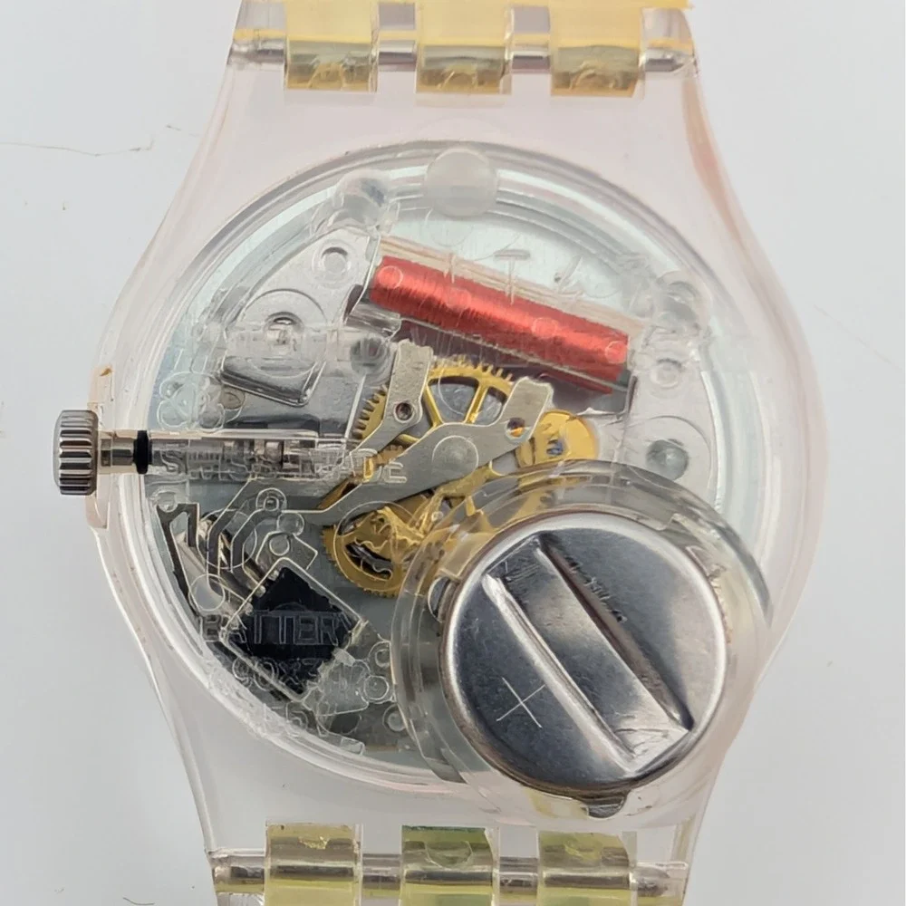 Swatch Lady Jackaranda LK355 Floral Clear Exhibition Back Swiss Quartz Watch Y2K